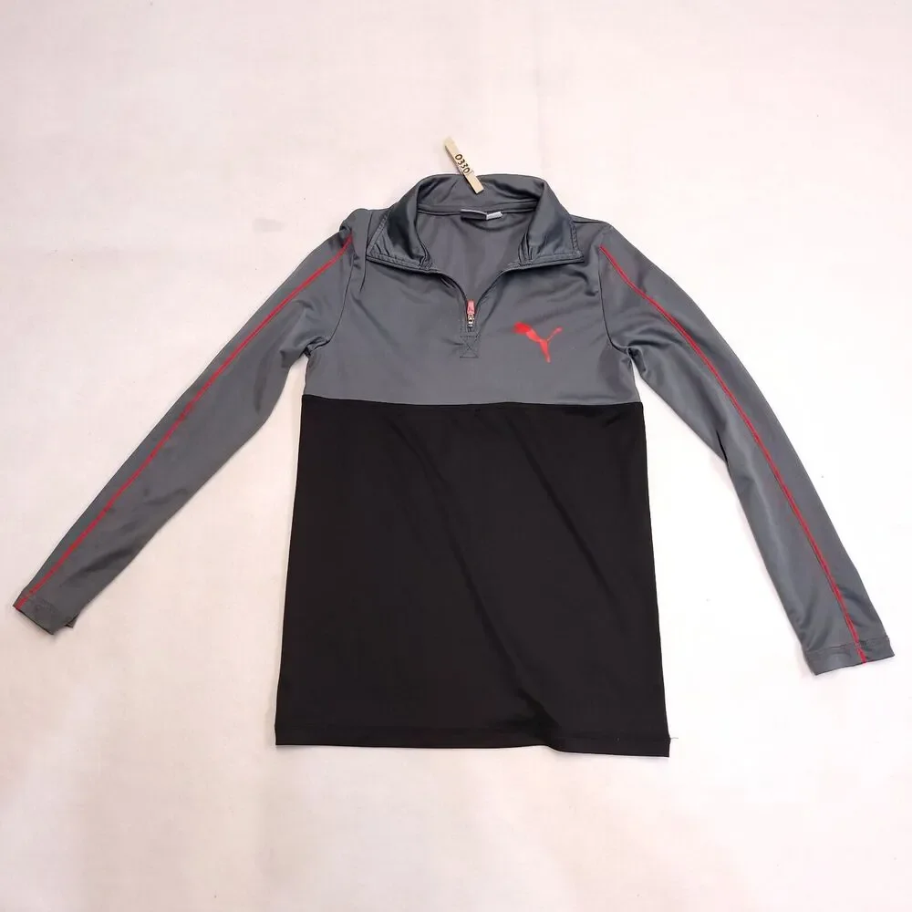 Puma Casual Long Sleeve Zip Collar Sweatshirt Youth Boys Size M Gray Black Red